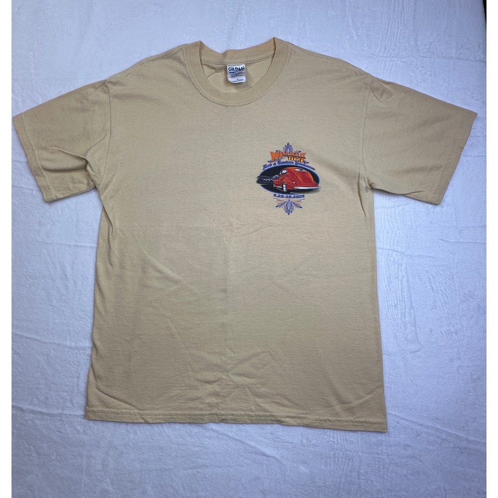 Gildan T-Shirt Mens Medium Tan Wheels of Time Rod Custom Jamboree 2005 Graphic